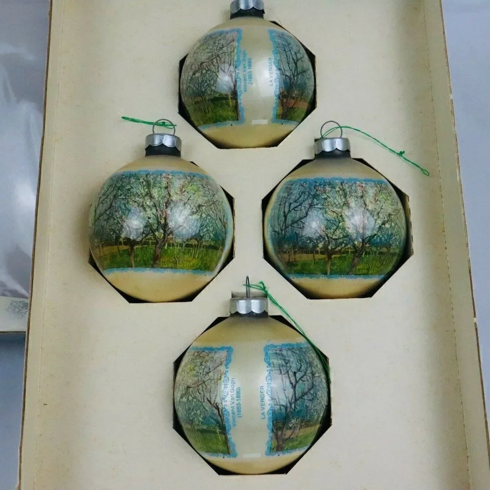 VTG Rare HTF Holly 4 Vincent Van Gogh La Verger Christmas Glass Ornaments USA